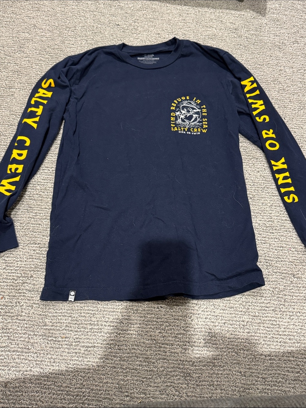 Salty Crew Navy Long Sleeve Tee with Yellow Chest and Sleeve Prints